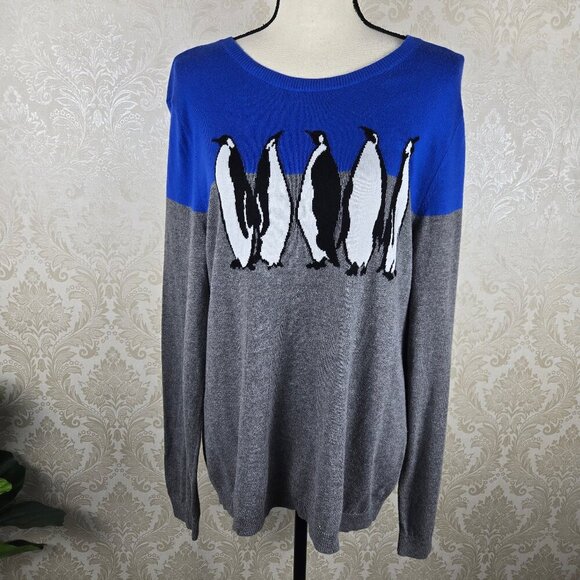 Talbots Size Large Penguin Graphic Sweater Blue Gray Colorblocking Novelty - Picture 1 of 9